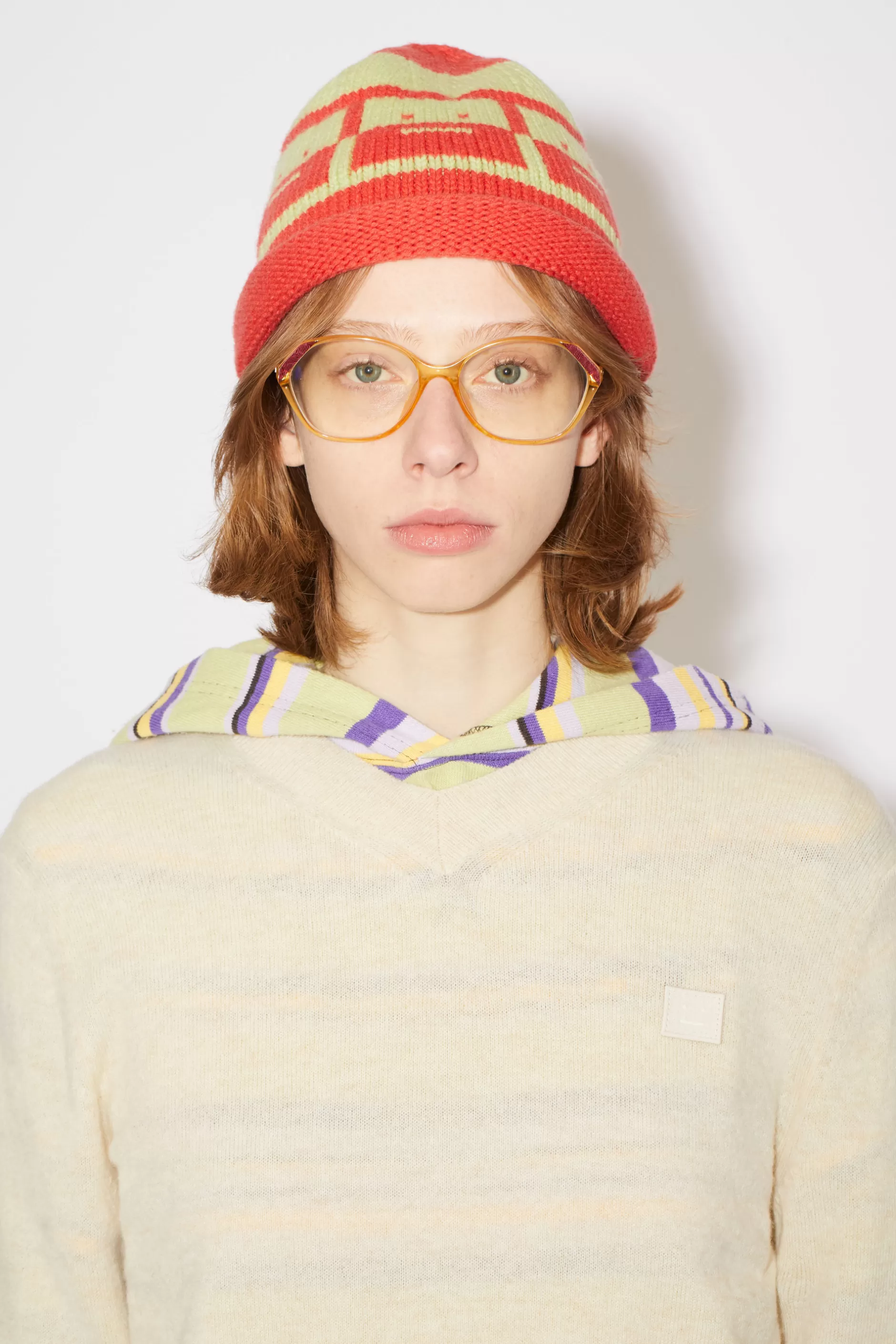 Acne Studios Beanie Aus Strick Chilirot/Blassgrun Sale