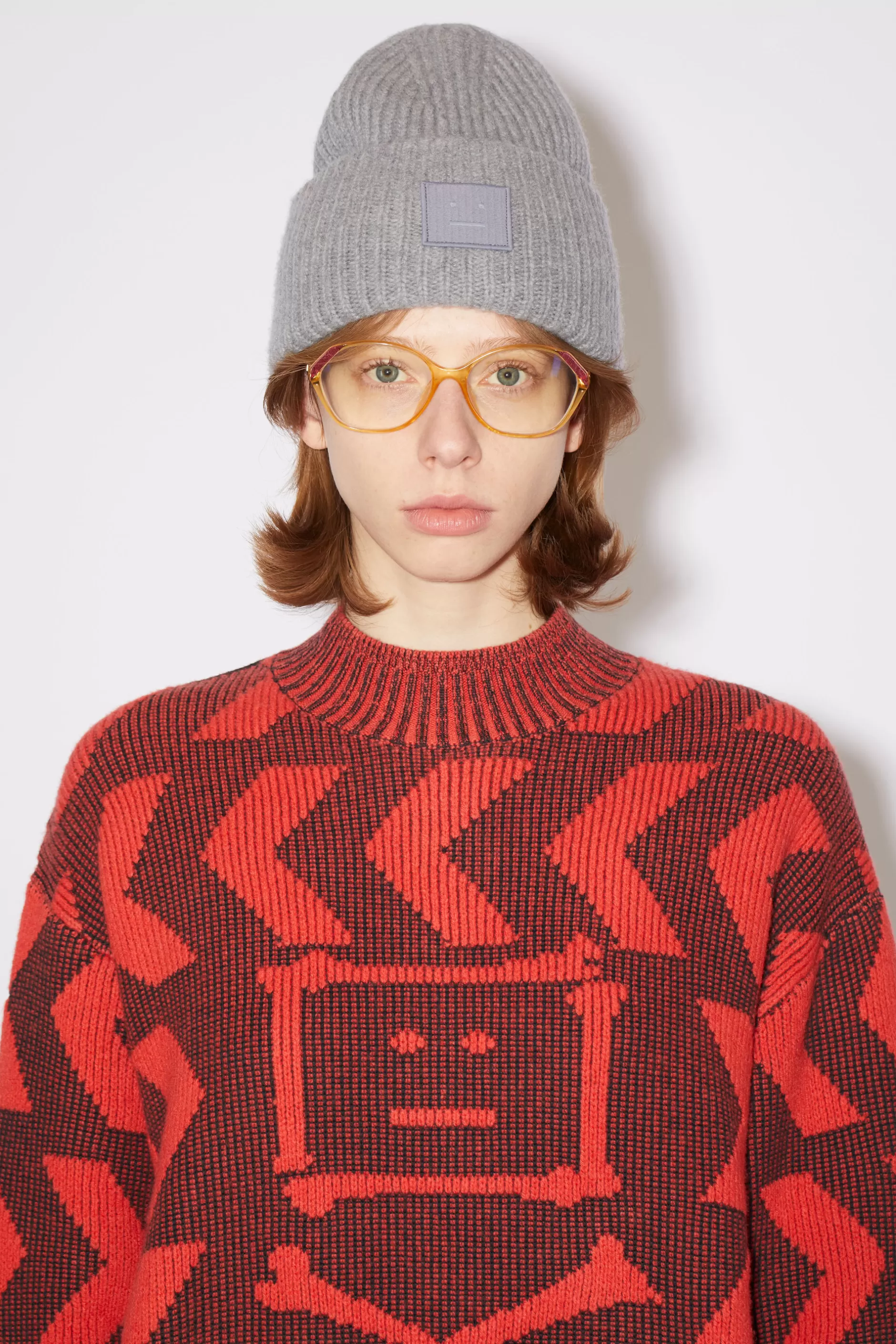 Acne Studios Beanie Mit Grosem Face-Logo Grau-Meliert Outlet