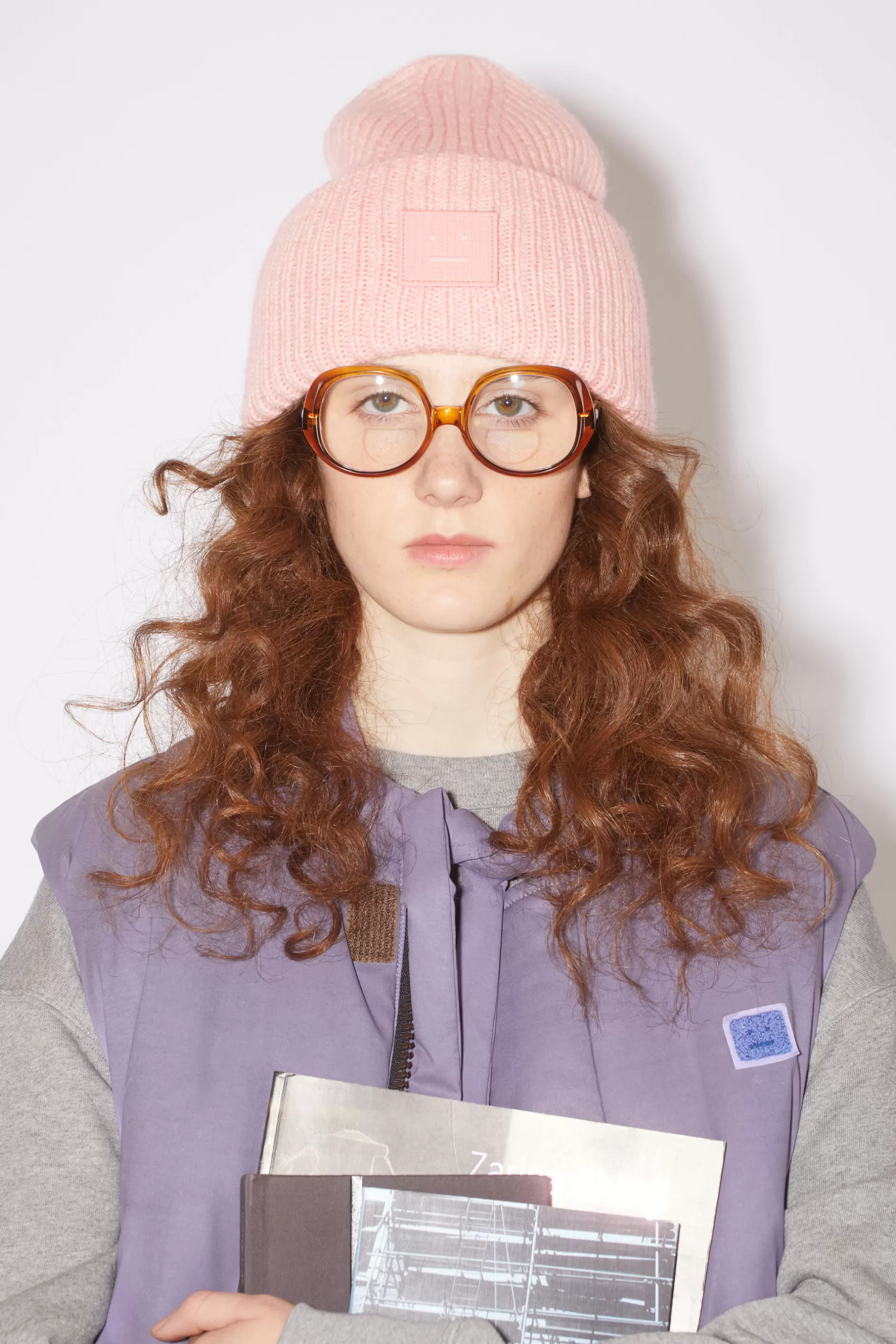 Acne Studios Beanie Mit Grosem Face-Logo Meliertes Ausgebleichtes Rosa Shop