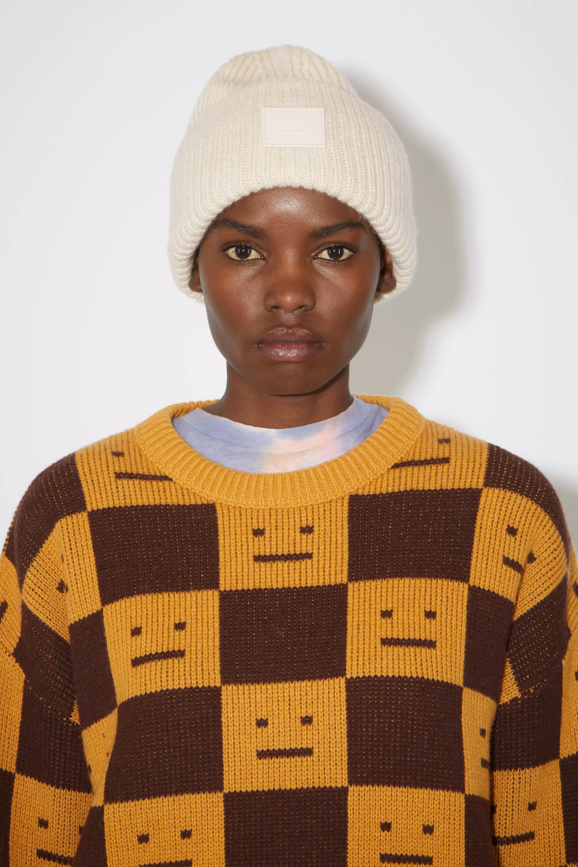 Acne Studios Beanie Mit Grosem Face-Logo Haferbeige Meliert New