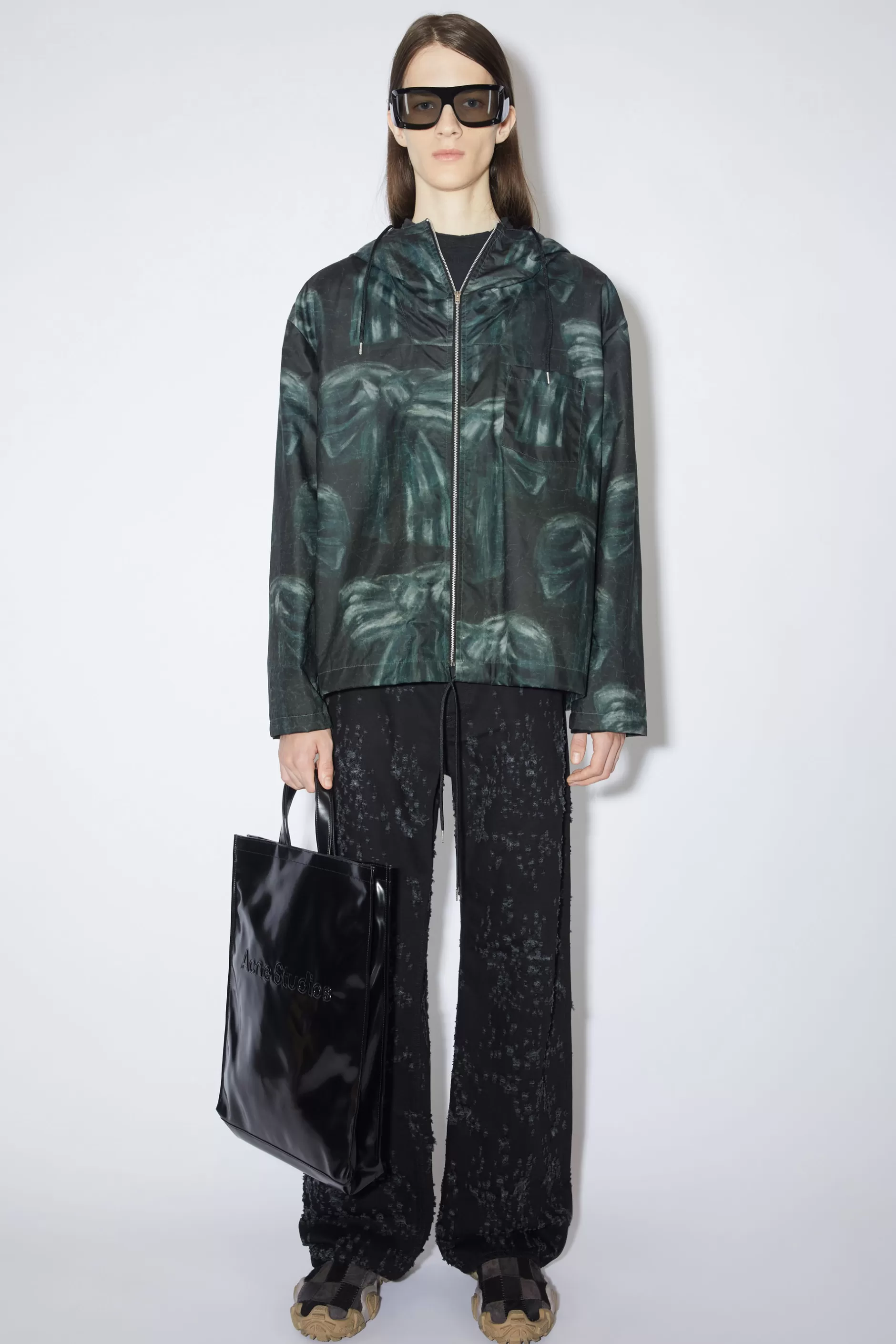 Acne Studios Bedruckte Jacke Mit Kapuze Schwarz/Dunkelblau Discount