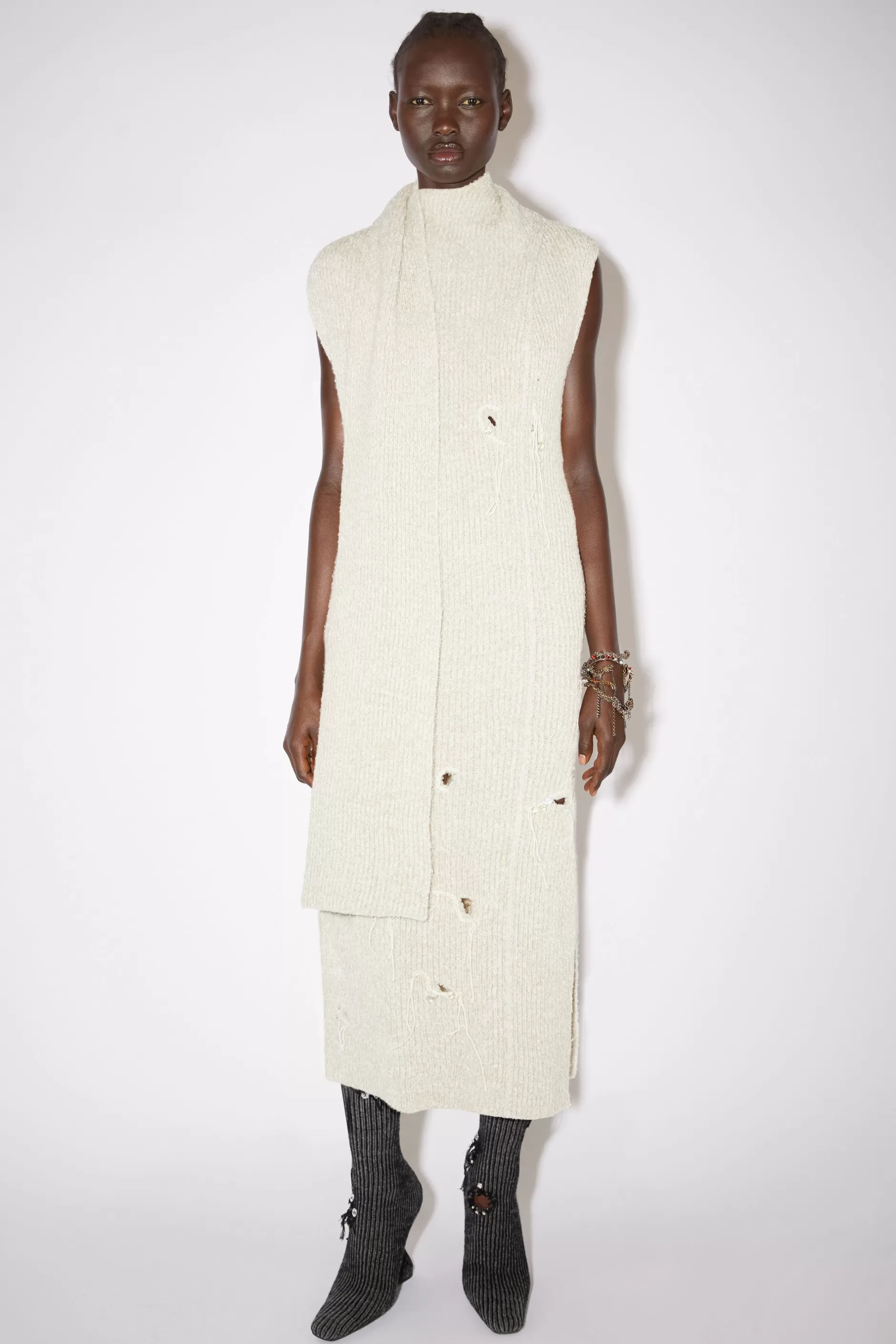 Acne Studios Distressed Ribbed Knit Dress Ecru/White Cheap