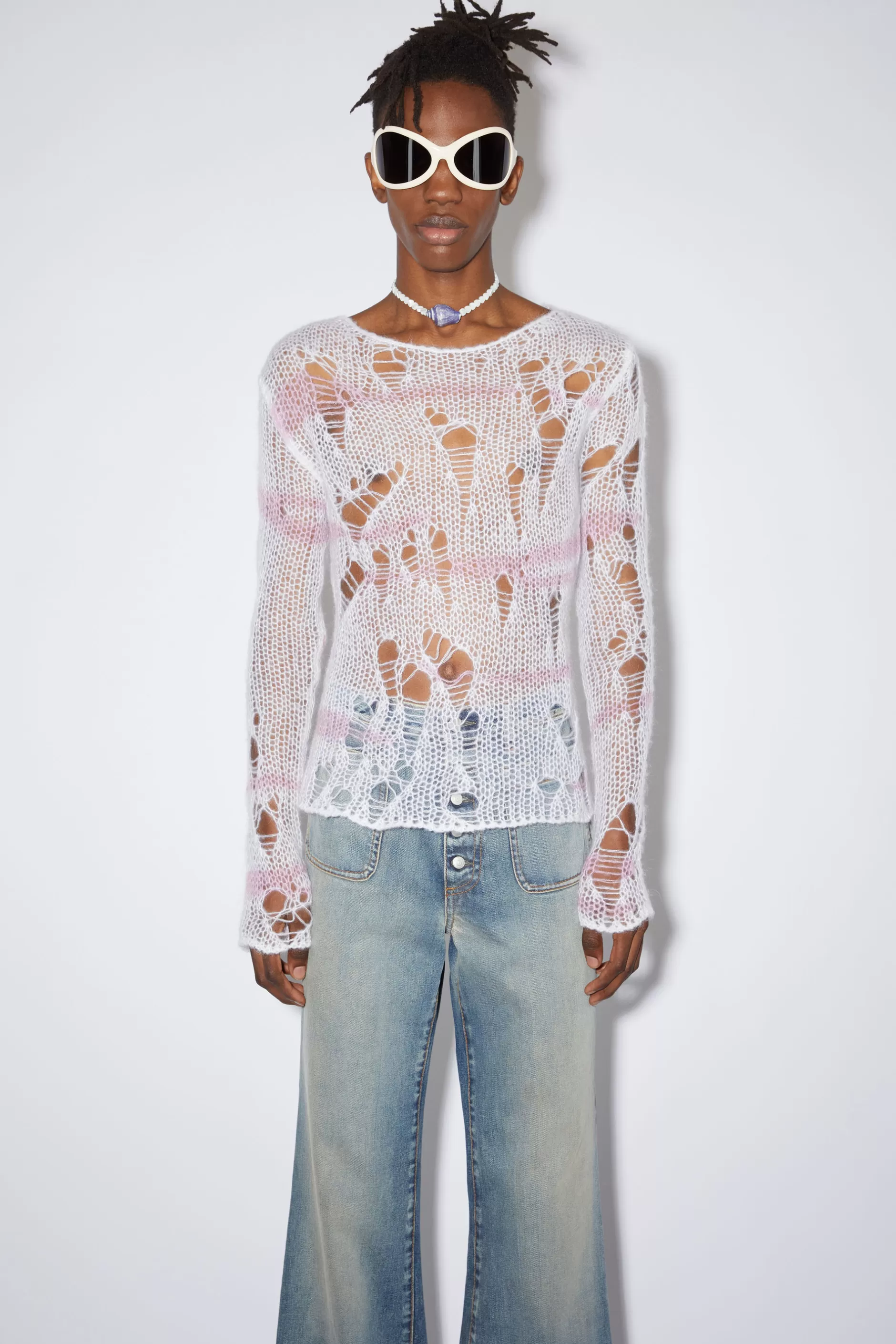 Acne Studios Pullover Mit Rundhalsausschnitt Naturweis/Rosa Discount